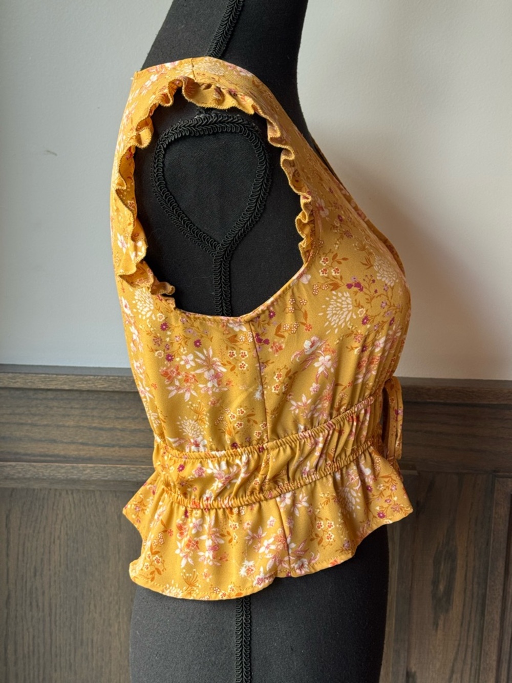 Pink Rose Mustard Floral Wrap Peplum Top small Euc - Picture 4 of 6